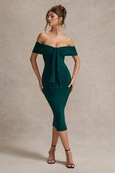 Bottle Green Bardot Midi Dress With Drape